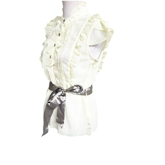 Dimri Y2K Yellow Ruffled Button Front Blouse Satin Tie Sash Size Medium Sheer - Picture 4 of 11